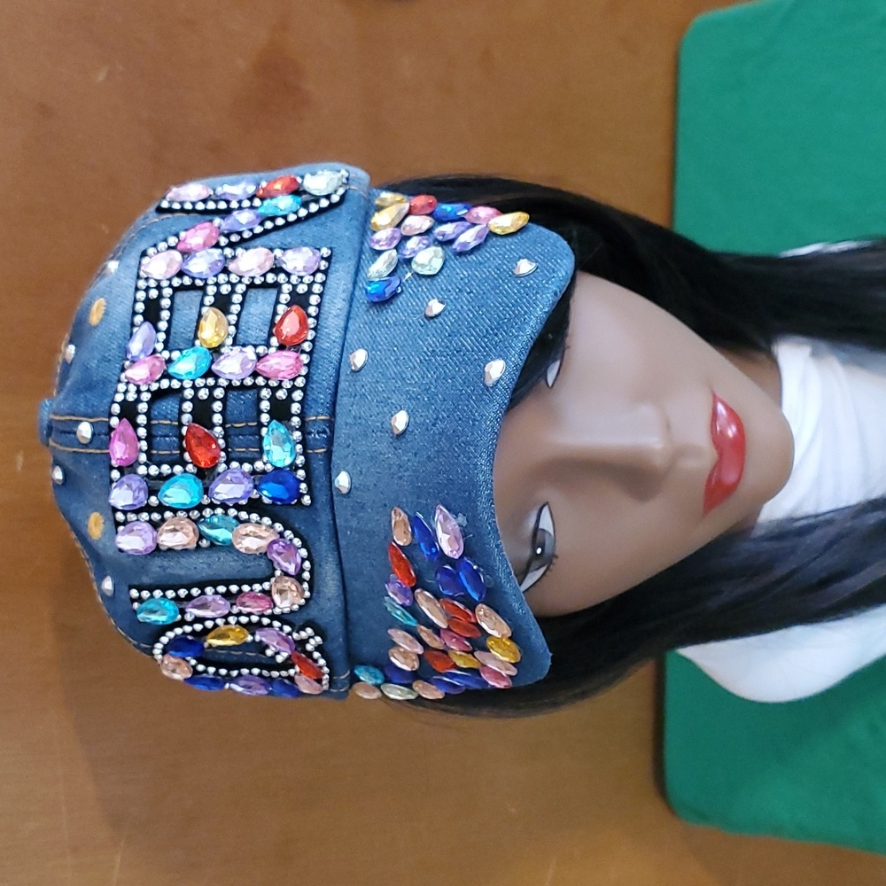 Womens Denim "Queen" Cap With Rhinestones - Picture 3 of 5